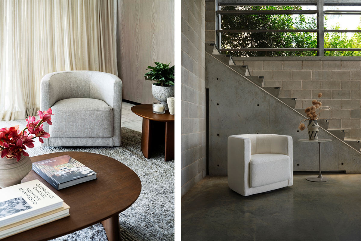 Two side by side images of the Oliver Tub Chair styled in neutral-toned, contemporary living spaces and reading nooks.