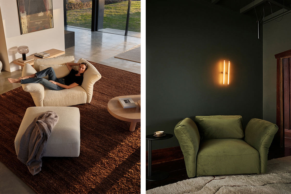 Two side-by-side images feature the Haven Lounge Chair, styled for restful, luxurious reading, with soft neutrals and a rustic rug (left), and in deep green velvet for a richer, cocooning effect (right).