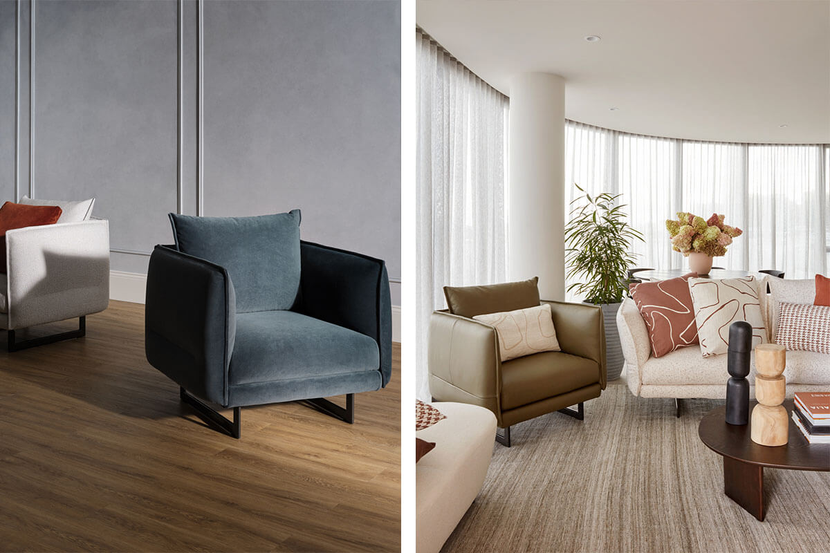 Three finishes of the Zaza Armchair, styled in a white fabric, dusky blue velvet and brown leather.