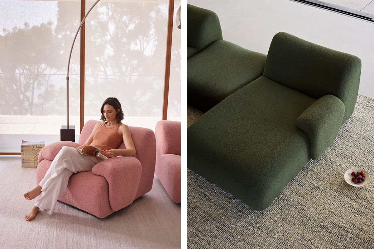 Two side by side images of modules of the 1977 Sofa, an ideal chair for reading, in a dusky rose and deep green bouclé fabrics.