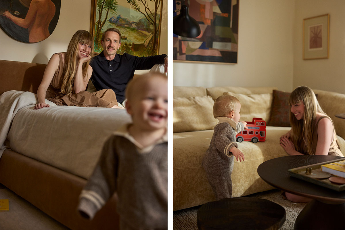 A family spending time together on their bed and sofa, showing everyday family living at home.