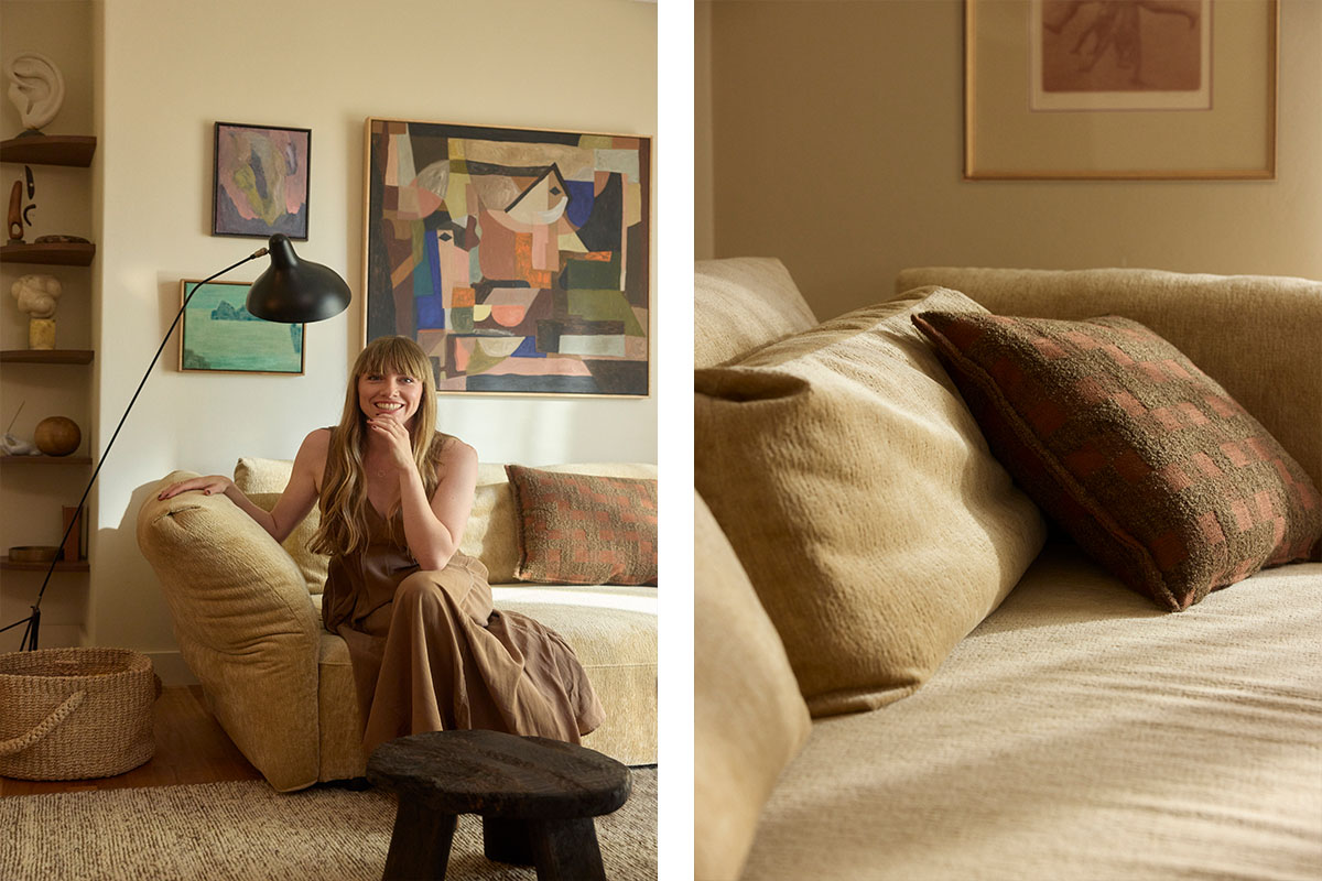 Tonal living room styling ideas for a small apartment, layered with warm, earthy cushions and a modular sofa.