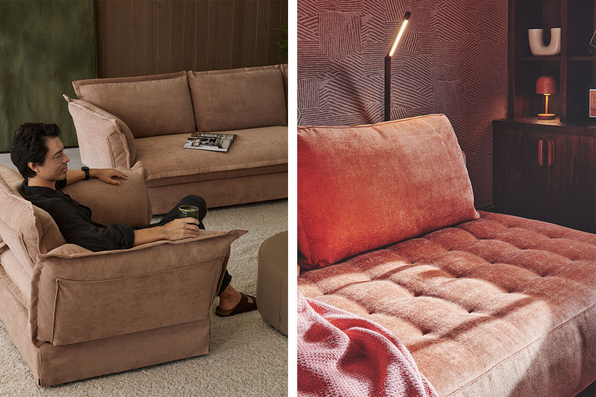 Soft brown sofa in a minimalist modern living room.