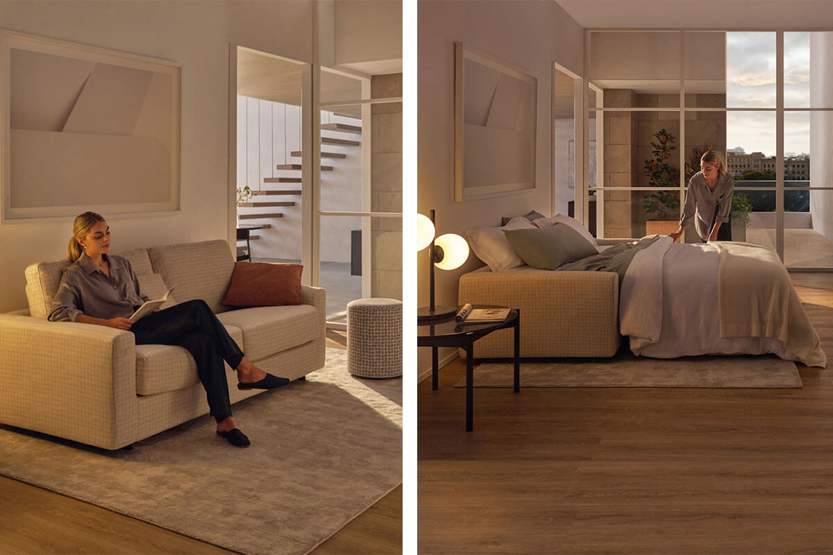 Two images of a space-saving sofa bed design. A woman in a modern, compact apartment converts a comfortable sofa into a luxurious double bed.