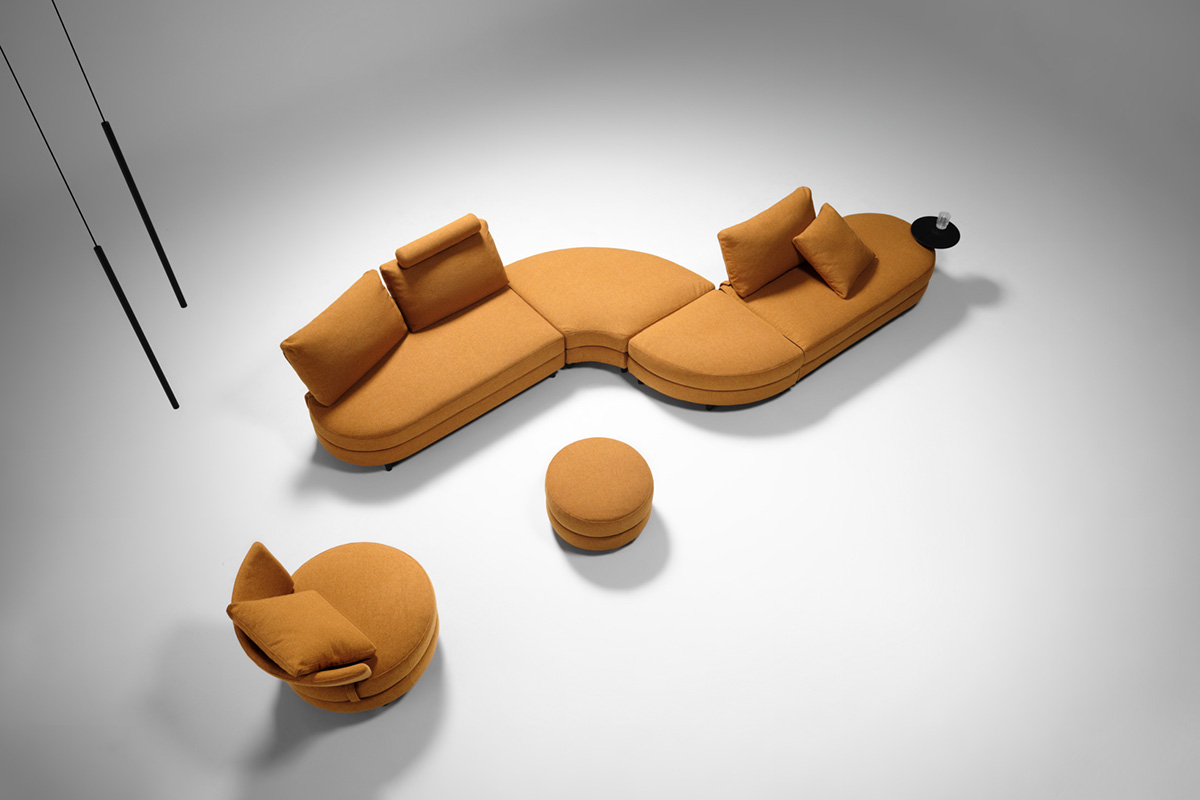 Aerial view of the modular curved sofa with round chaise (above). Design sketches beside fabric swatches and product photography (below).