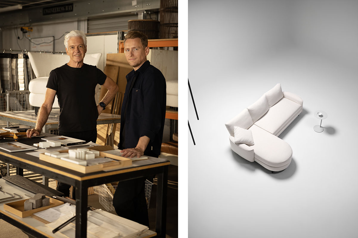 Founder David and Head of Design Chris in the studio (left). The Delta 5 modular sofa in a full configuration (right).