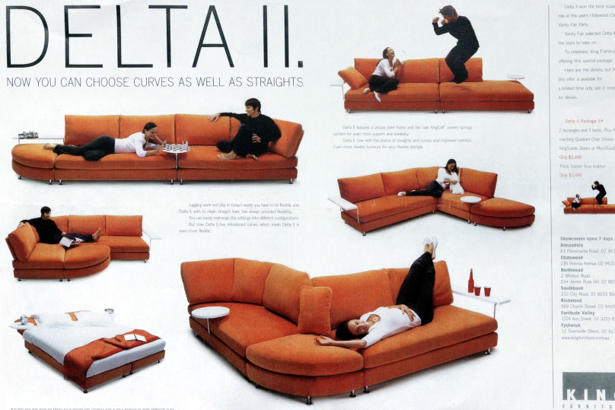 Vintage advertisement of original modular sofa in a deep orange fabric (above). Arranging modular foam prototype blocks on table (below).