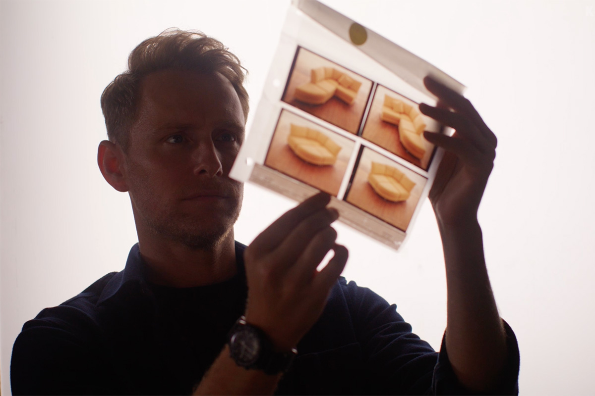 Head of Design reviewing Delta 5 foam cushion samples (above). Overhead flat lay of Delta 5 materials, hardware and modular components. (below).