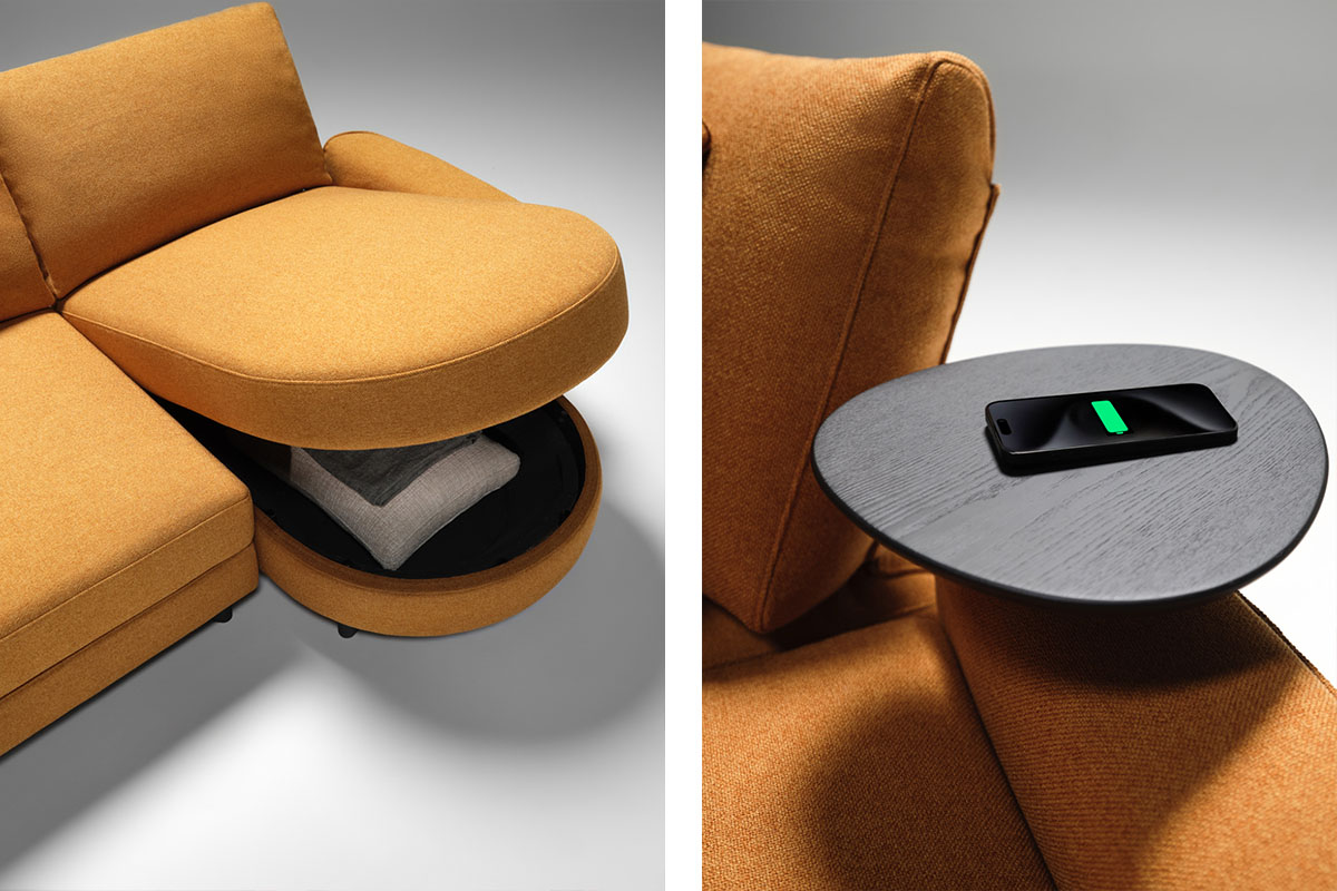 Curved sofa transformed into a supportive double bed, ideal for guests, with smart accessories like charging table and lamp.