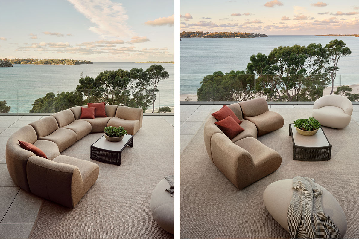 Sand-toned outdoor sofas in slubbed bouclé with russet cushions, styled in an earthy outdoor room on a neutral outdoor rug.