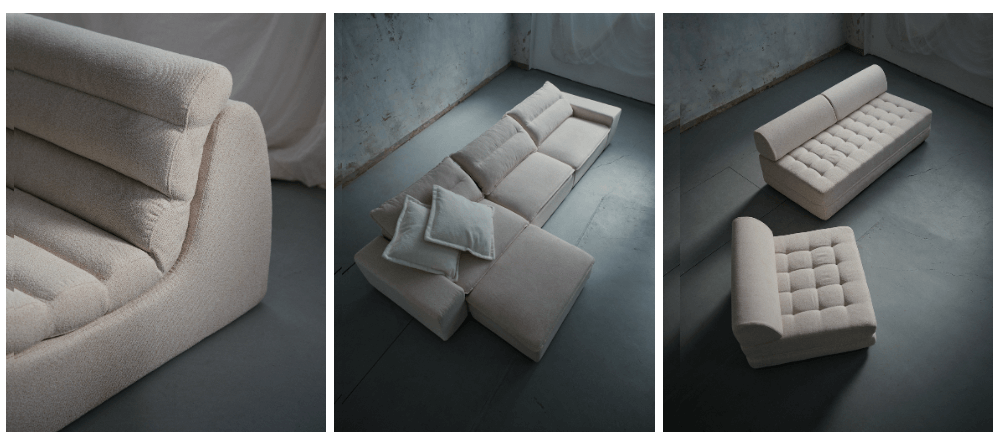 Designer squeezes foam showing its rebound. A mood board of early sofa sketches. Three side by sides of designs from the FreeForm collection.