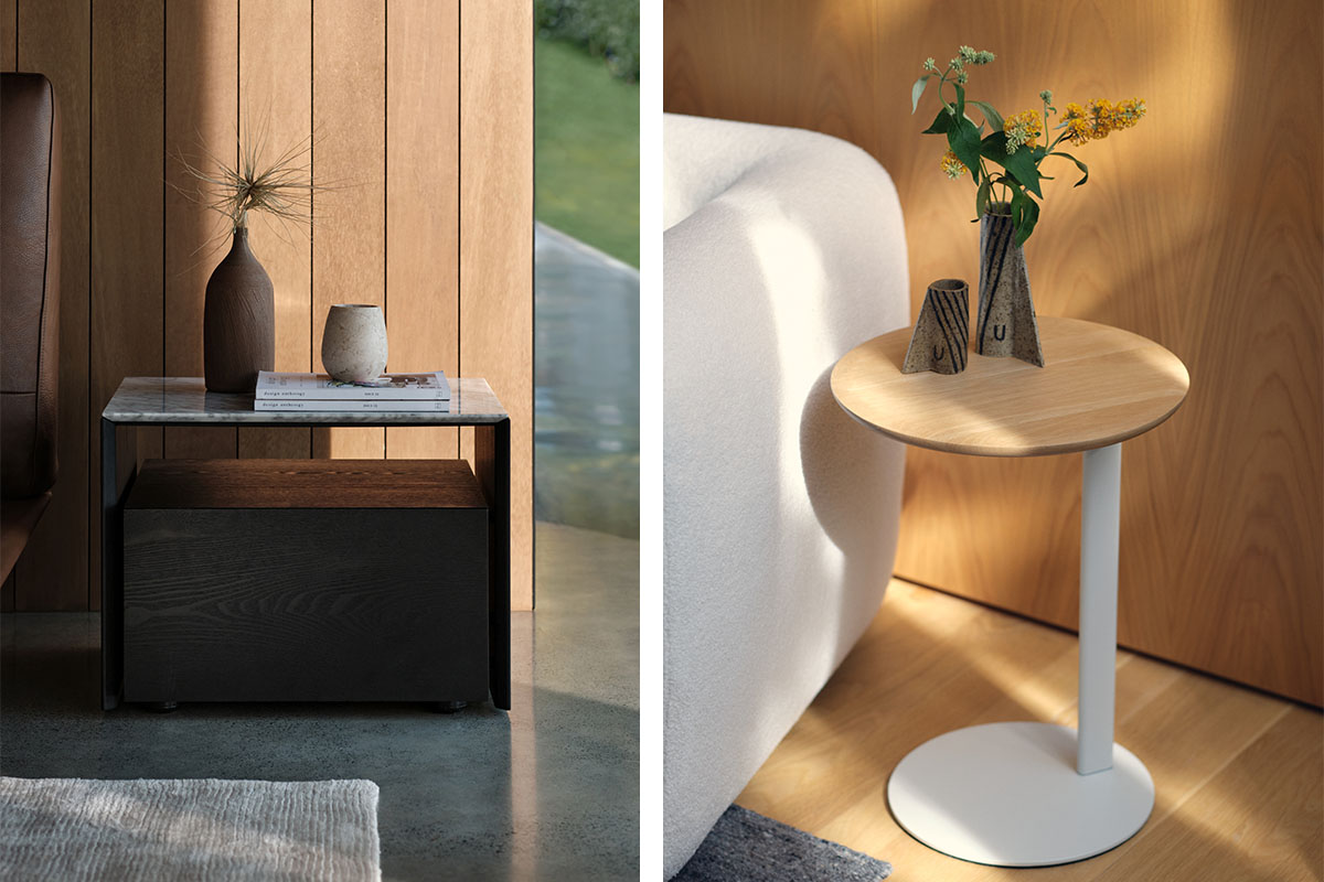 Two side by side images: Dark timber bedside table with a marble top (left). Round oak side table with white base (right).
