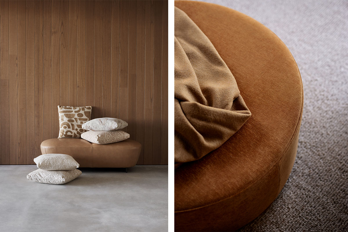 Tan ottoman with layered cushions against timber wall (left). Round ottoman in rich brown fabric, with a soft throw (right).