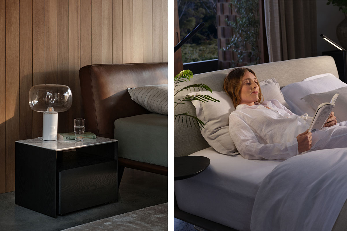 Leather bed, dark timber table, lamp (left). Fabric bed, soft layered bedding, timber charging table, smart lighting (right).
