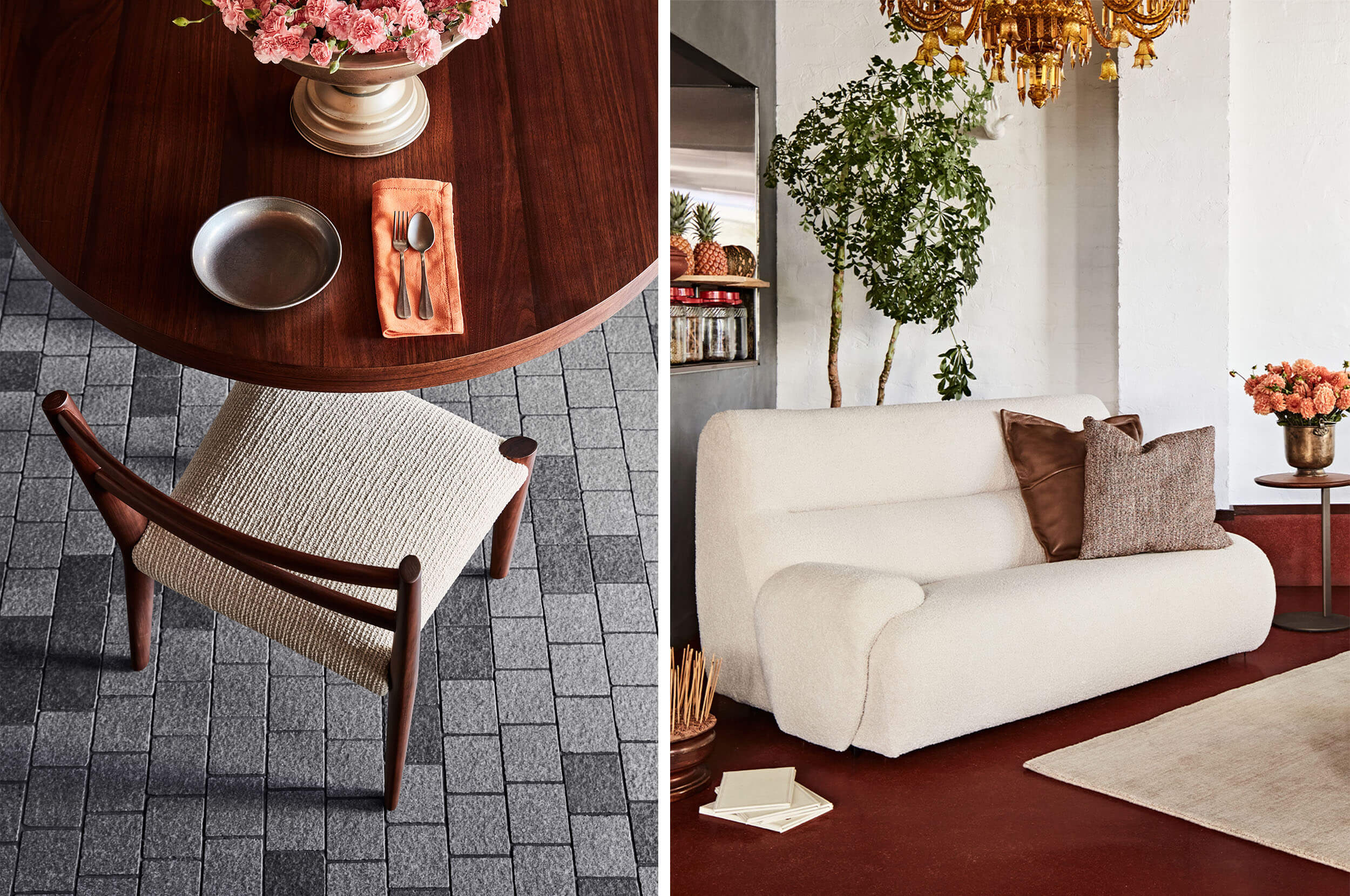 An overhead shot of warm timber dining furniture set against a cool, charcoal-hued tiled floor (left). A neutral bouclé sofa, styled with earthy cushions and floral accents against a deep red floor (right).
