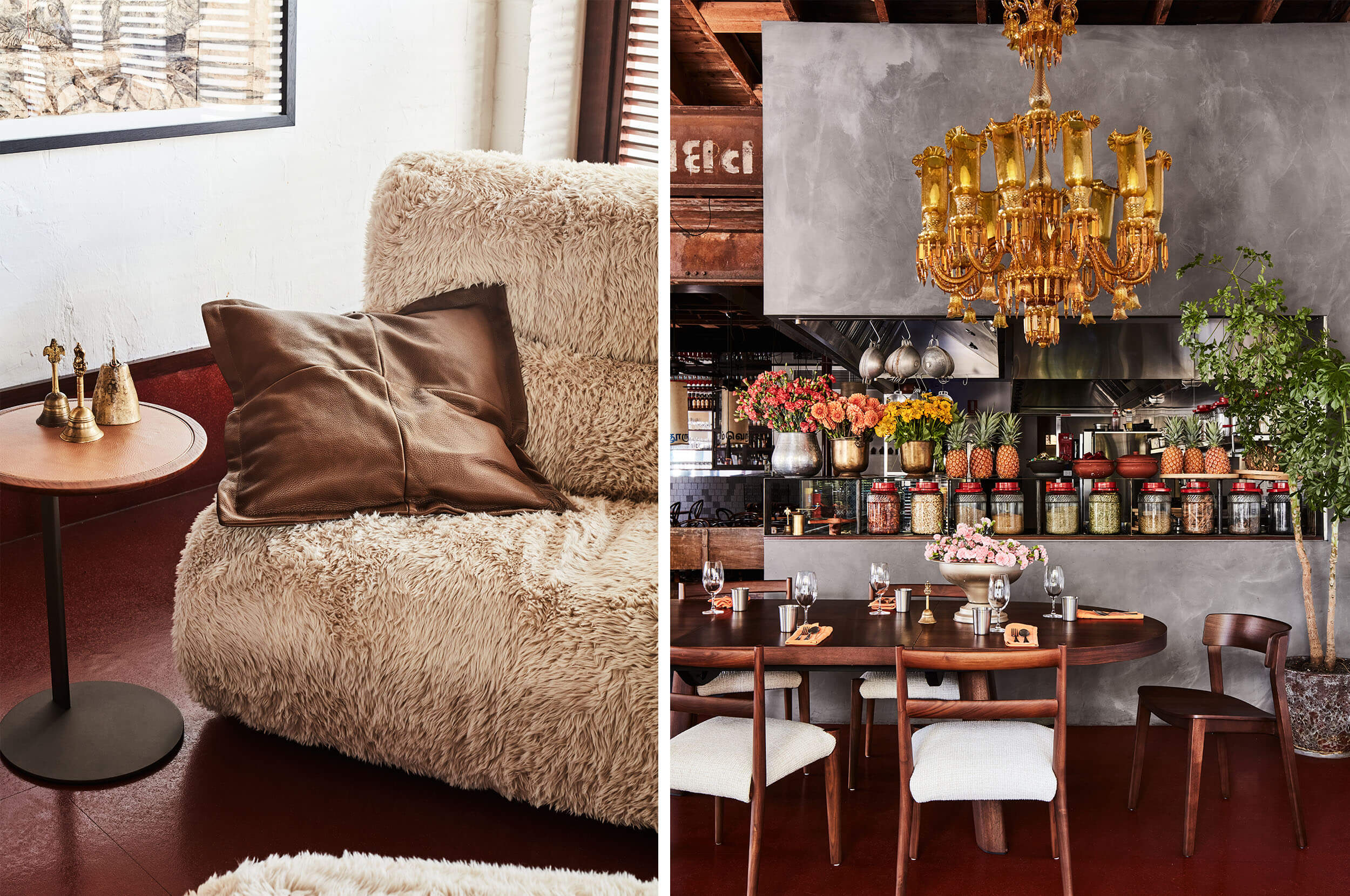 Plush, faux fur seating and timber dining chairs styled with brass and botanical accents on deep, red flooring.