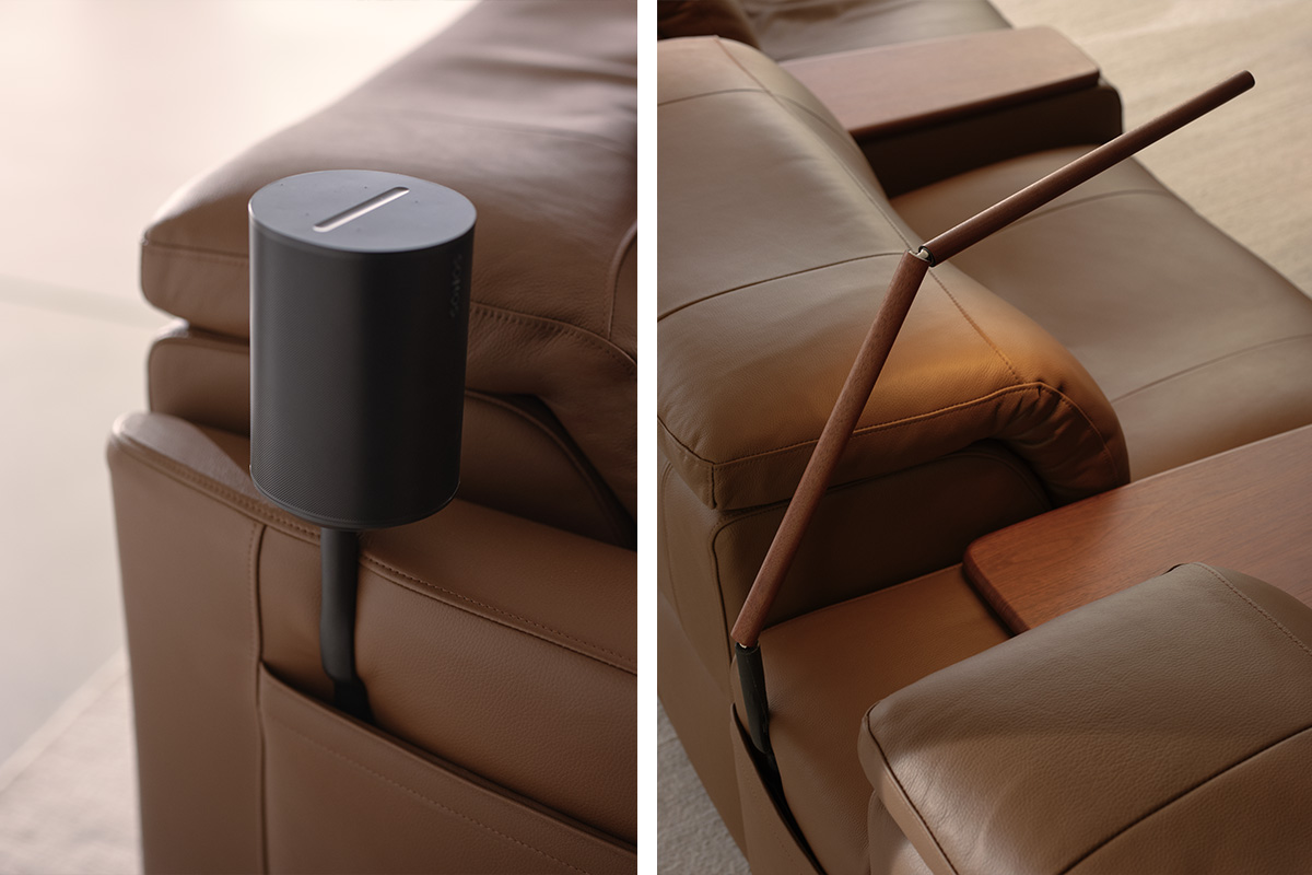 Modular recliner sofa with integrated smart accessories for a seamless and comfortable cinema experience.