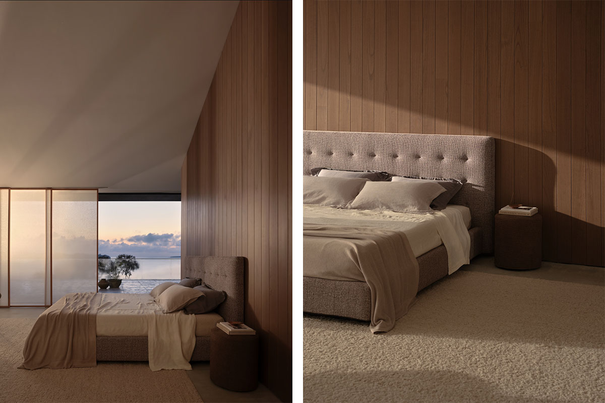 Tactile fabric layers on a storage bed in an organic modern bedroom, decorated with greenery and biophilic detail.