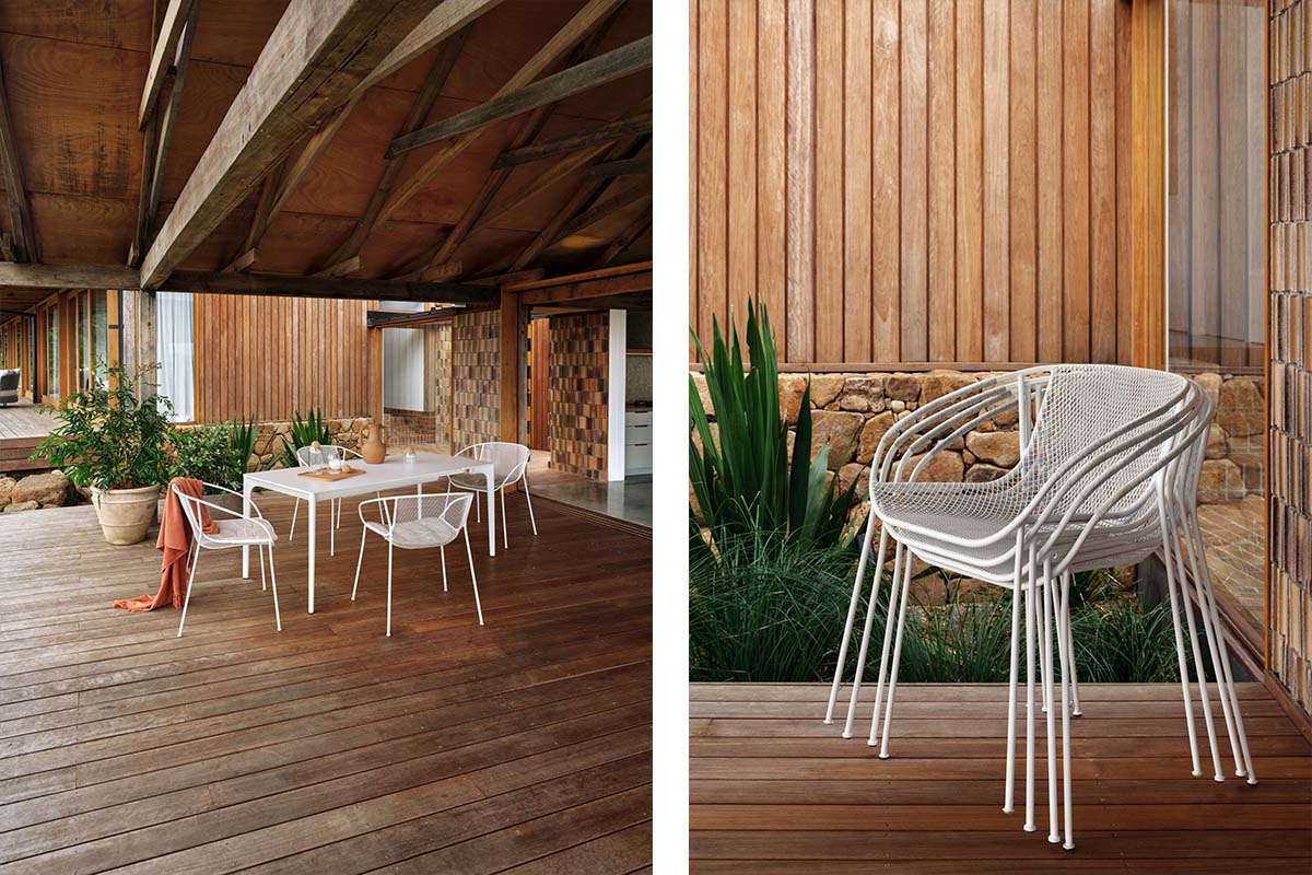 Outdoor living and dining zones styled with a modular outdoor sofa and daybed, ceramic table and stackable steel chairs.