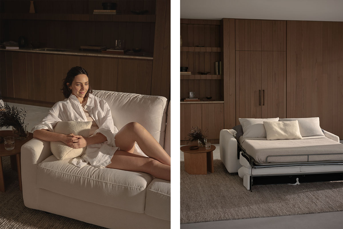 A minimalist loft-style home decorated with a multifunctional sofa bed with integrated comfort mattress.