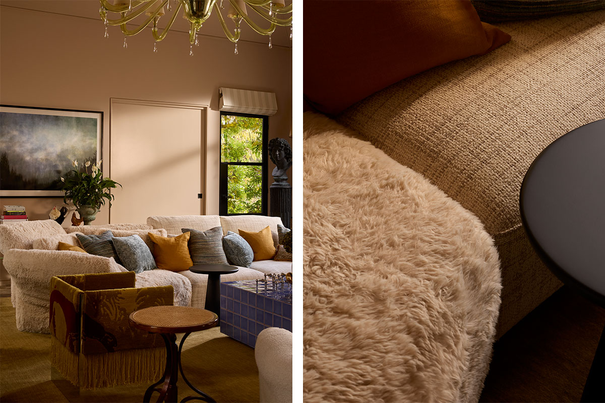 A comfortable, modular sofa, finished in two soft, tonal fabrics, styled with earthy cushions in a modern eclectic living room.