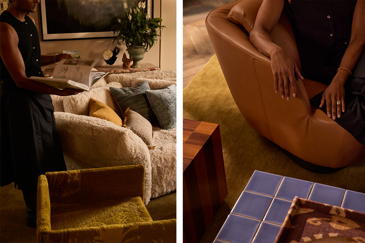 A warm, layered living space with textural fabrics and leathers, sculptural furniture and rich golden tones.