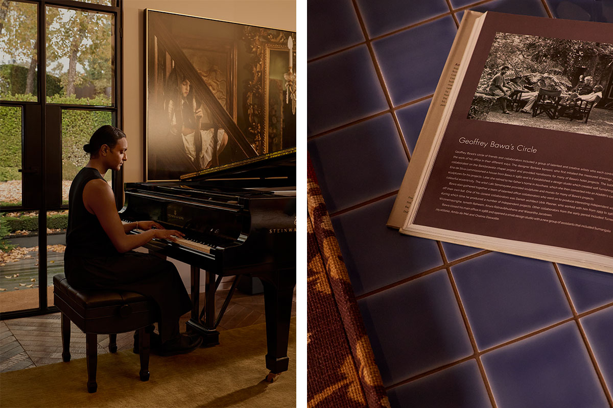 Brahman Perera playing piano in a warm, art-filled room (left). Open design book on a tiled coffee table (right).