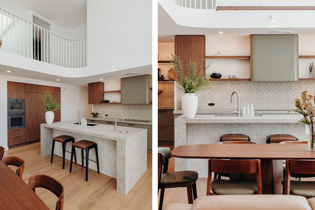 A two storey modern loft apartment decorating with warm walnut timber dining furniture and sage green kitchen accents.