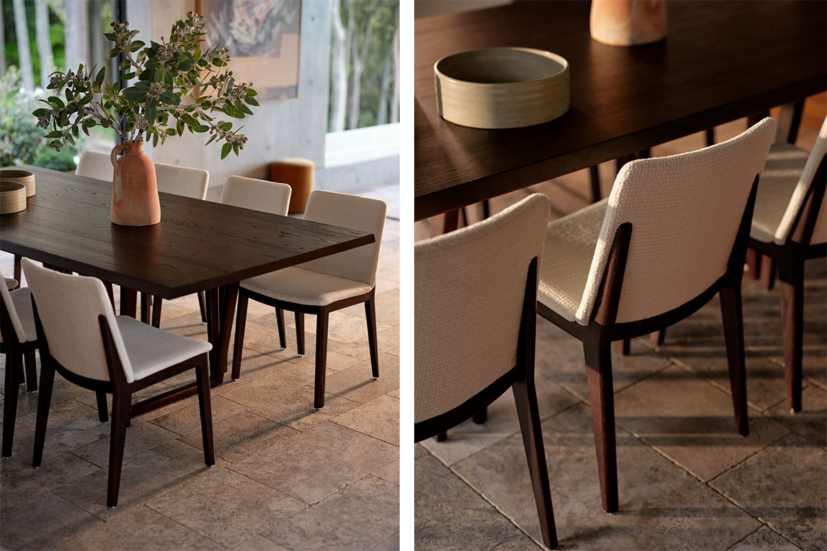 An organic modern dining setting with smoked oak timber dining furniture styled with earthy ceramic accents and greenery.