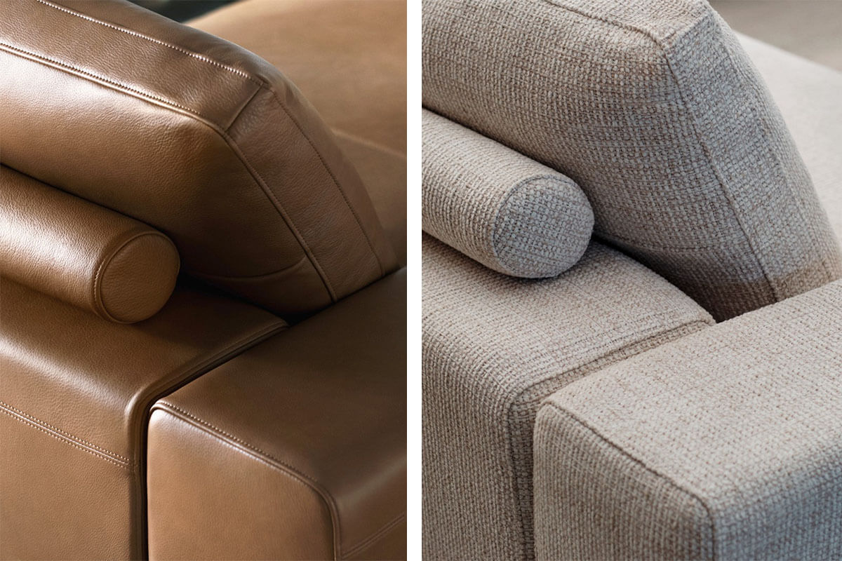 Two images showcasing the Jasper Sofa finished in a warm tan leather cover (left), and a neutral beige fabric cover (right).
