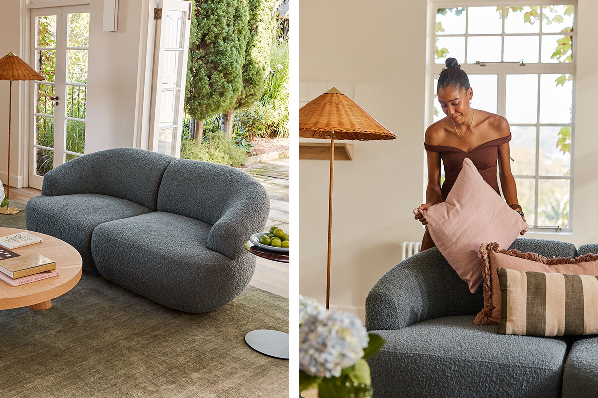 Two side by side images showcasing Mariah Burton’s living room styling of a teal bouclé sofa paired with an earthy rug, tonal timber accents, and vibrant cushions.