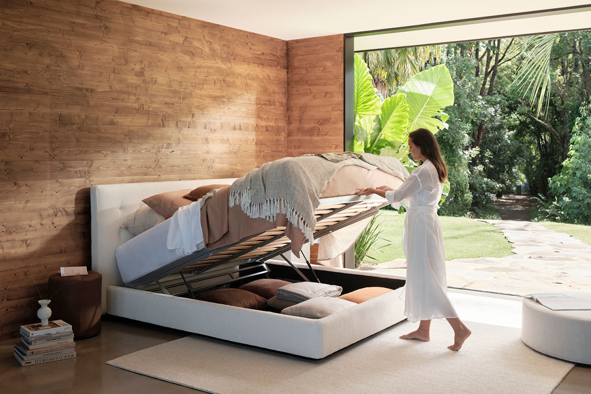 Storage bed in a calm bedroom.