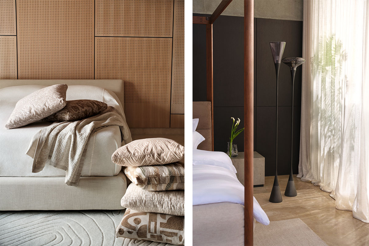 Left: neutral cushions stacked on a sculptural rug. Right: timber canopy bed with paired floor lamps and sheer curtains.