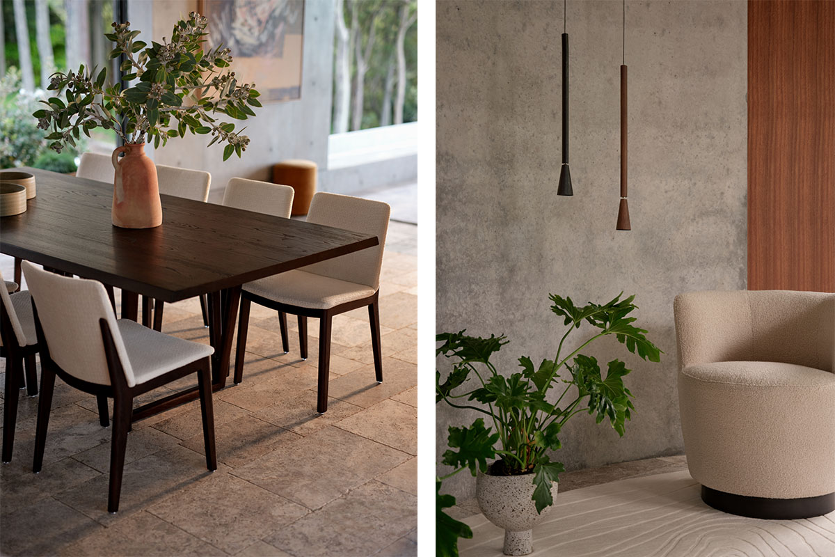 Left: timber dining set with greenery in a stone-floored space. Right: swivel chair styled with pendant lights and houseplant.