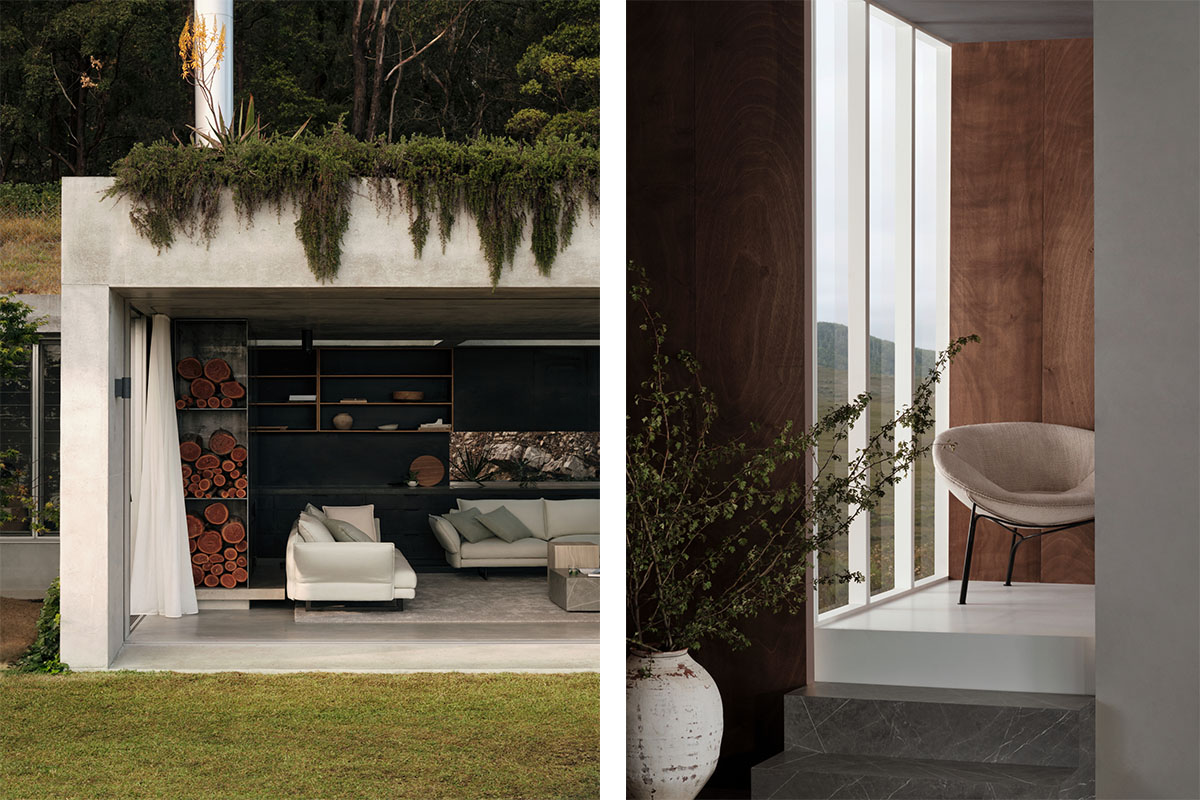 sofa in indoor-outdoor space (left) and accent chair beside tall window (right).