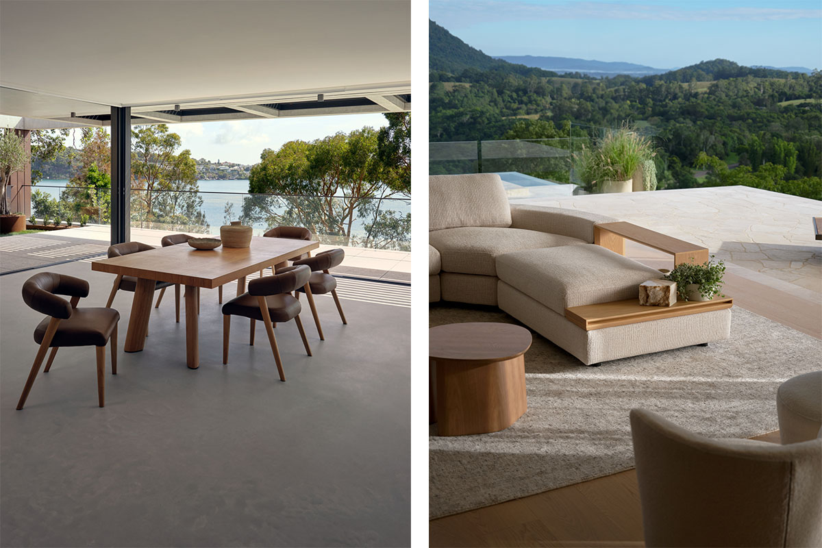 Left: timber dining table and chairs in bright open space with water views. Right: modular sofa with timber detailing on sunlit terrace.