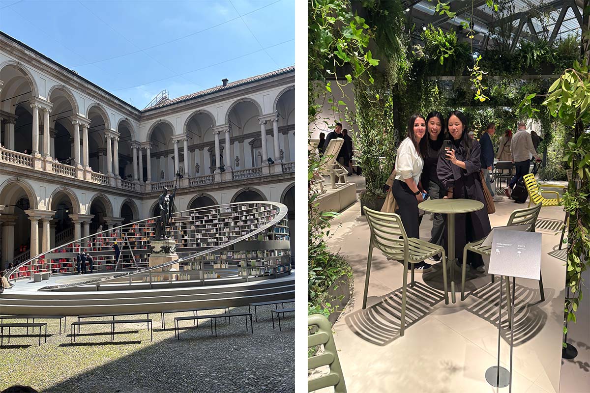 Circular sculpture in an Italian courtyard (left). Three women from the King Living team pose in a leafy indoor garden (right).