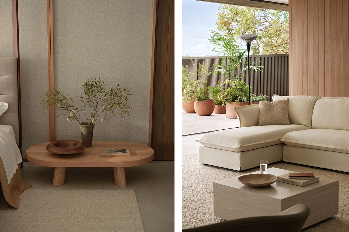 Coffee table with foliage (left), modular sofa in a feng shui-aligned setting (right).