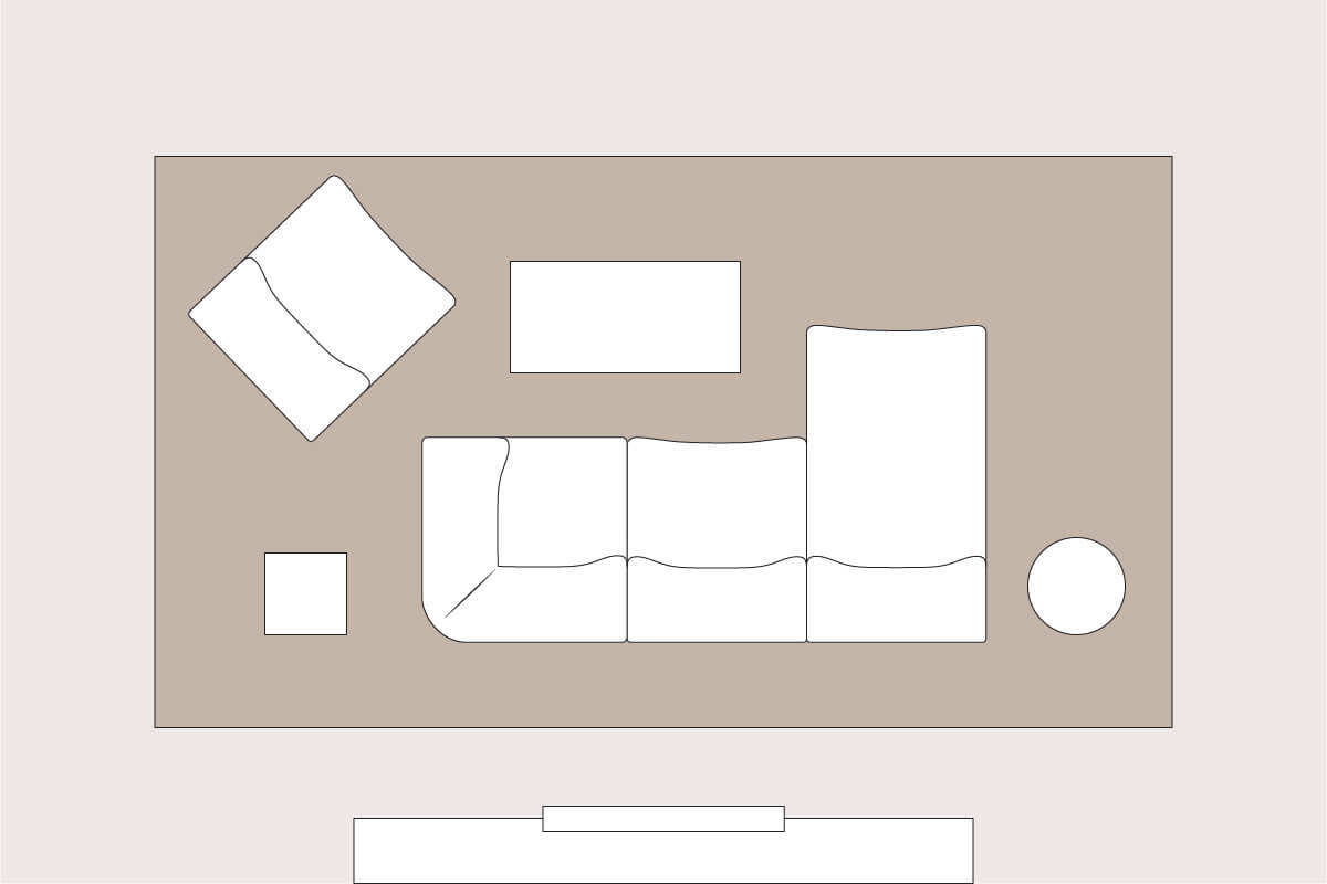 A living room layout line drawing with a modular sofa positioned in the middle of the space, with a storage console placed behind it for decor, drawing the eye to the back wall.