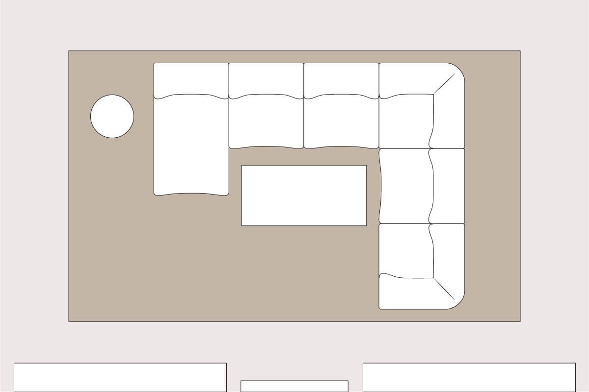 A living room layout line drawing with a modular sofa created from two sofas, one three-seater and one two-seater, with a corner module pulling the sofas together to create a U-shape design.