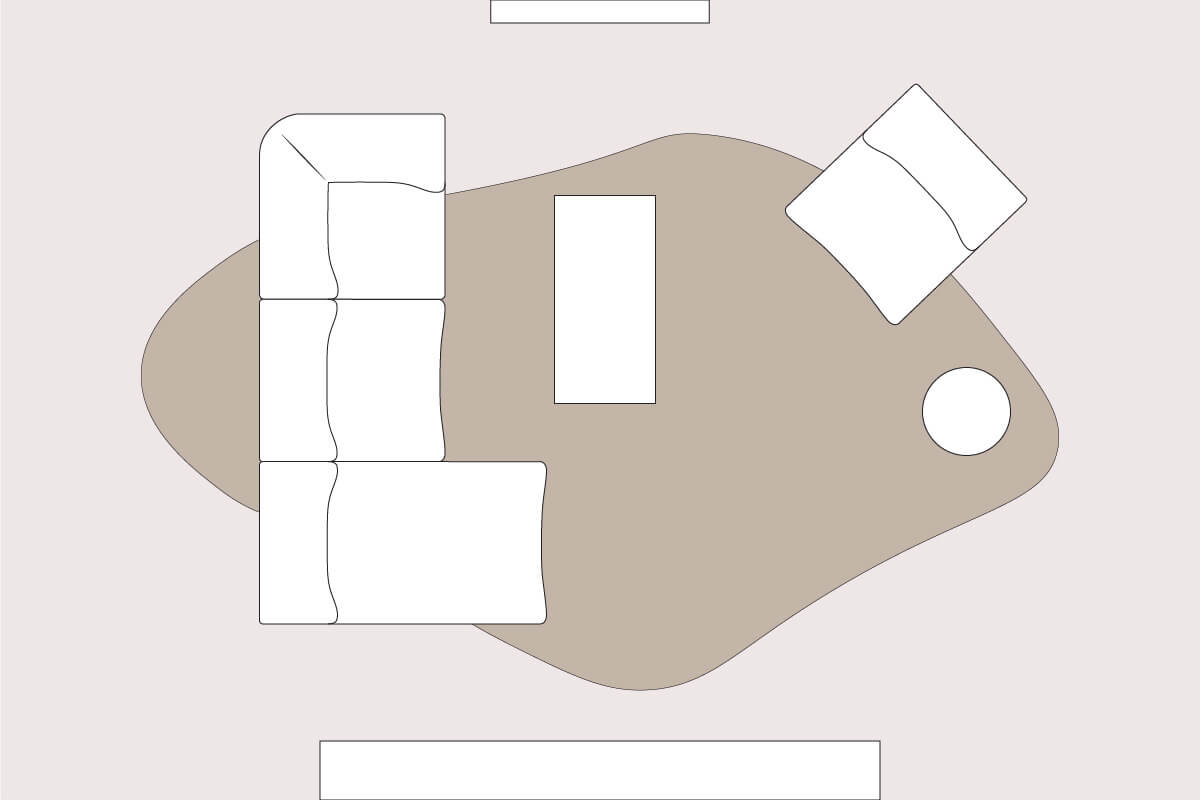 A living room layout line drawing with a corner sofa as the centrepiece, styled with an organic rug, occasional chair and coffee table.