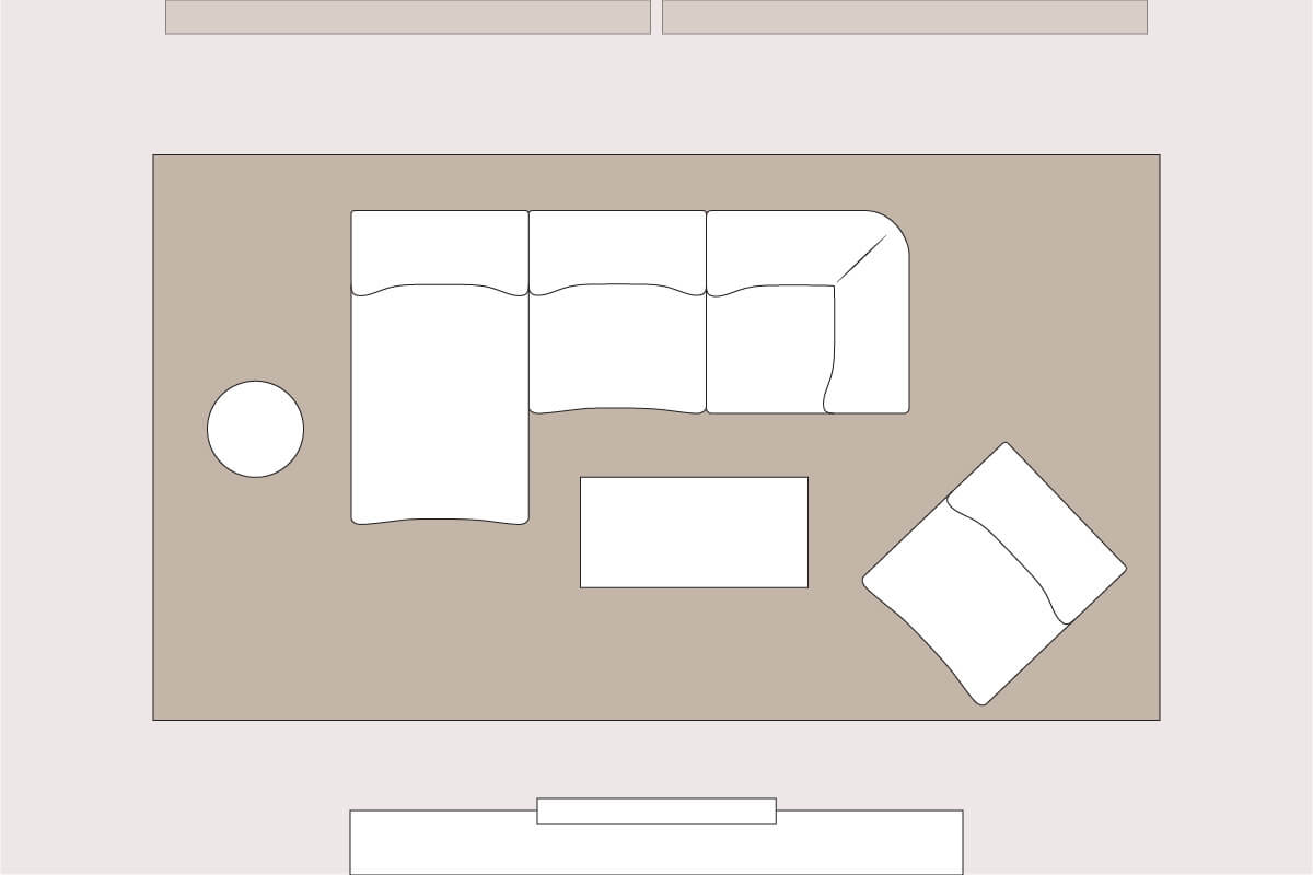 A living room layout line drawing with a modular sofa positioned beneath a window, placed opposite a TV console, styled with an occasional chair and large rectangular rug.