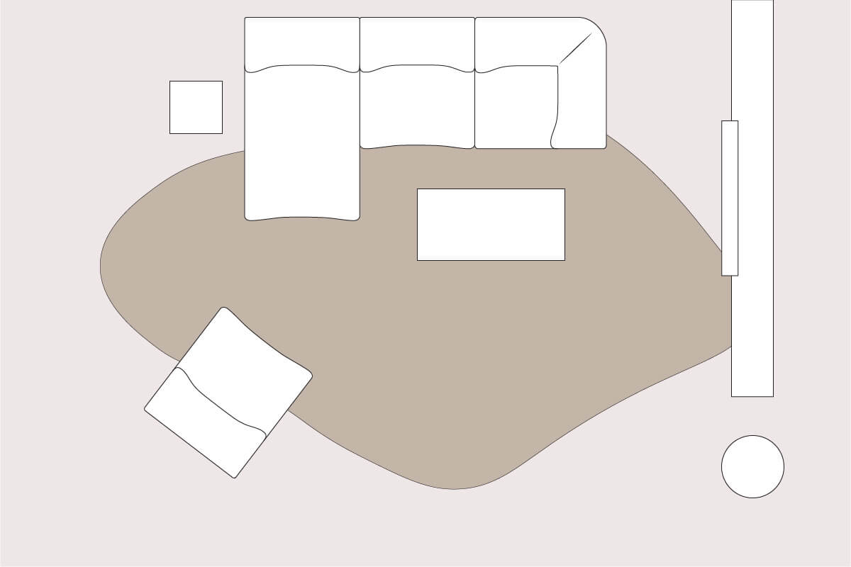 A living room layout line drawing with a corner sofa positioned against the wall, framing a statement rug and coffee table, styled with an armchair and sideboard.