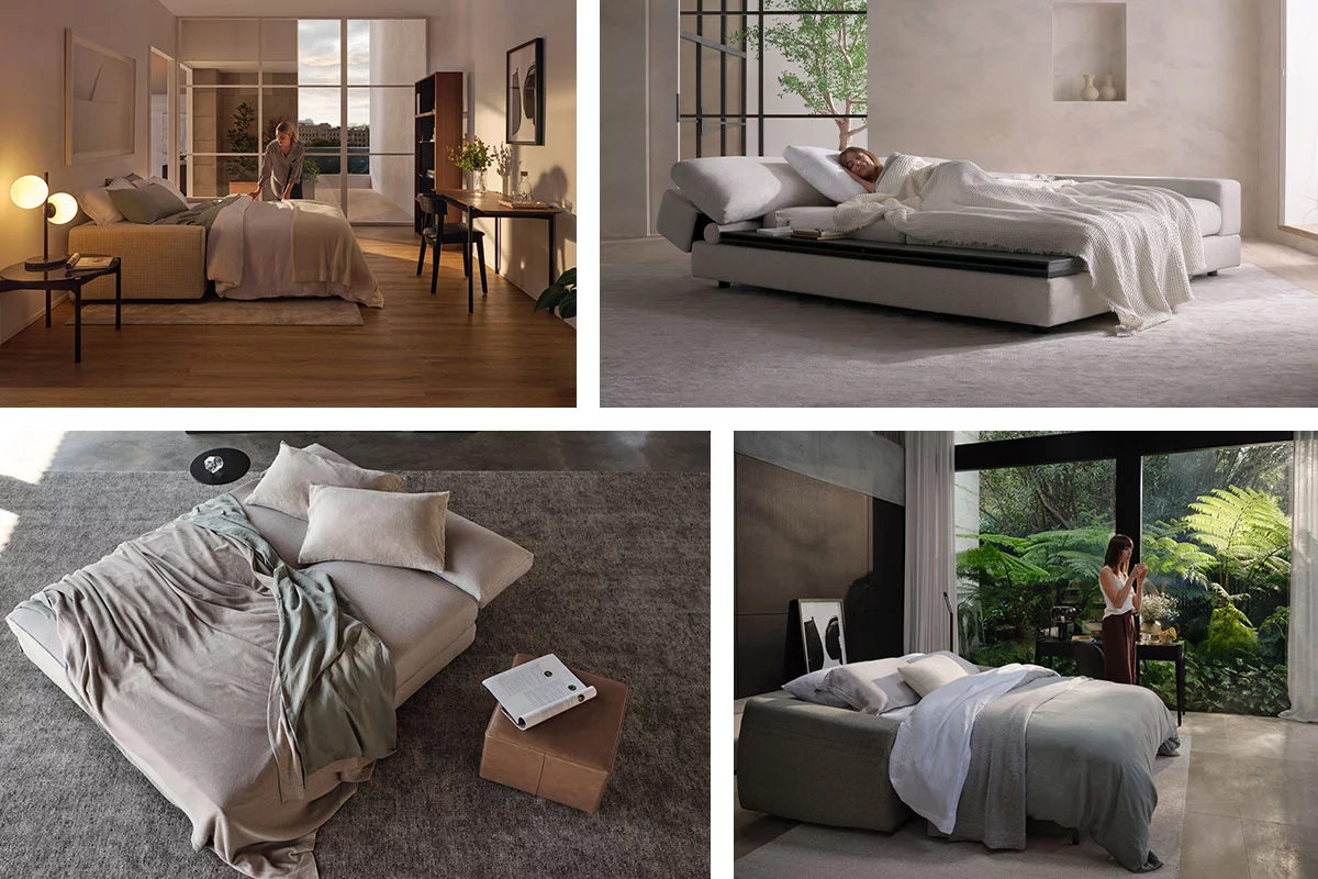 Four modern sofa beds, each in a contemporary living room.