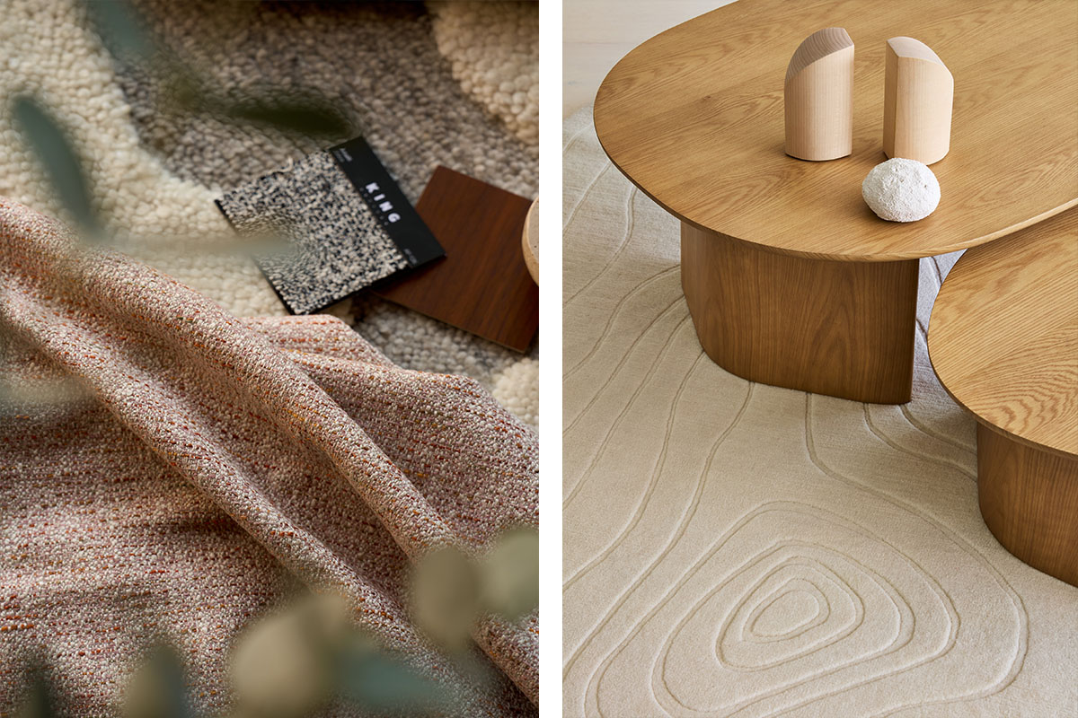 Bedroom styled with timber walls, soft rustic blush and neutral bedding, and organic textures layered with woven and wool finishes.
