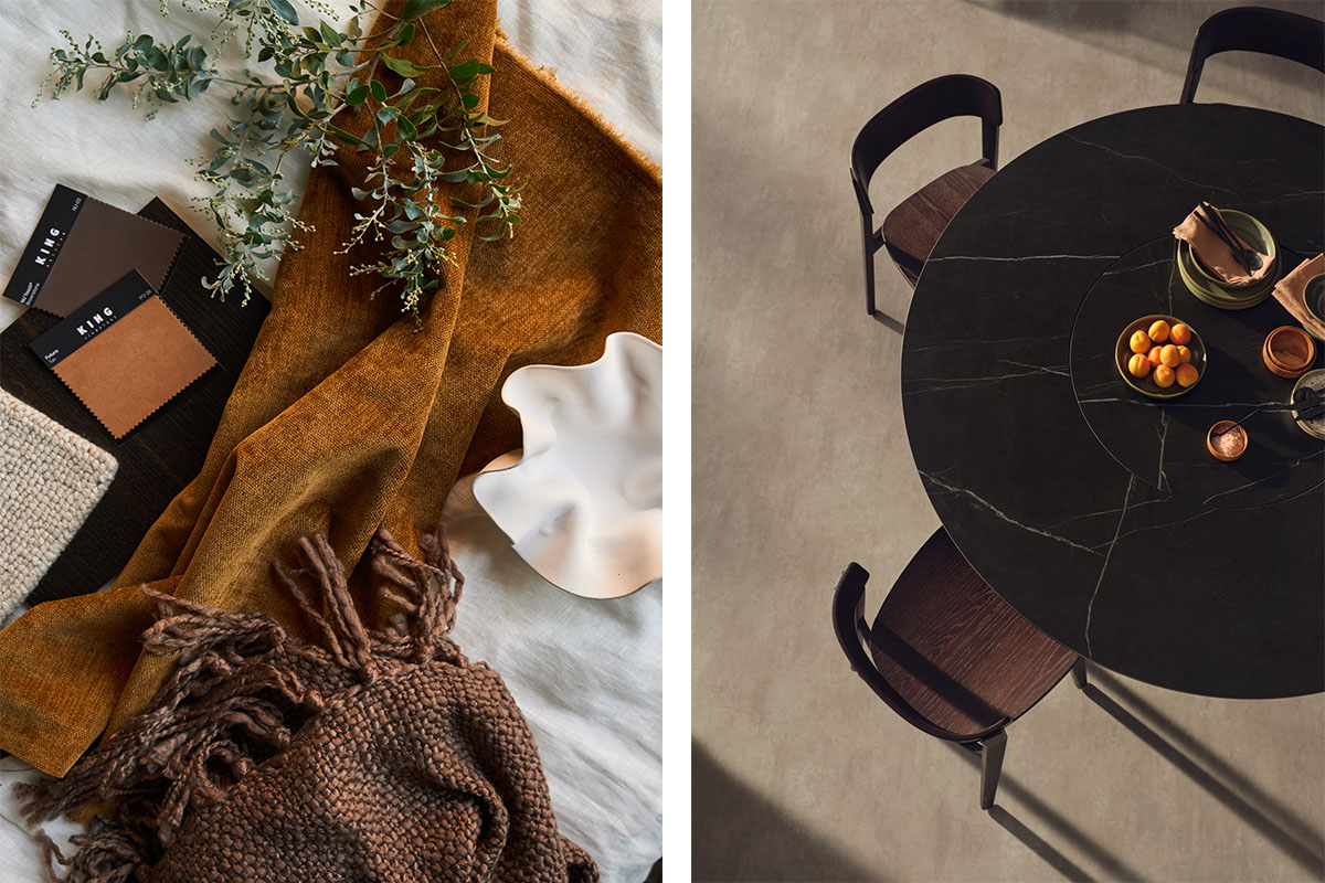Dining rooms with timber and stone tables, earthy textures in warm autumnal tones, and natural styling elements like branches, fabrics, and fruit.