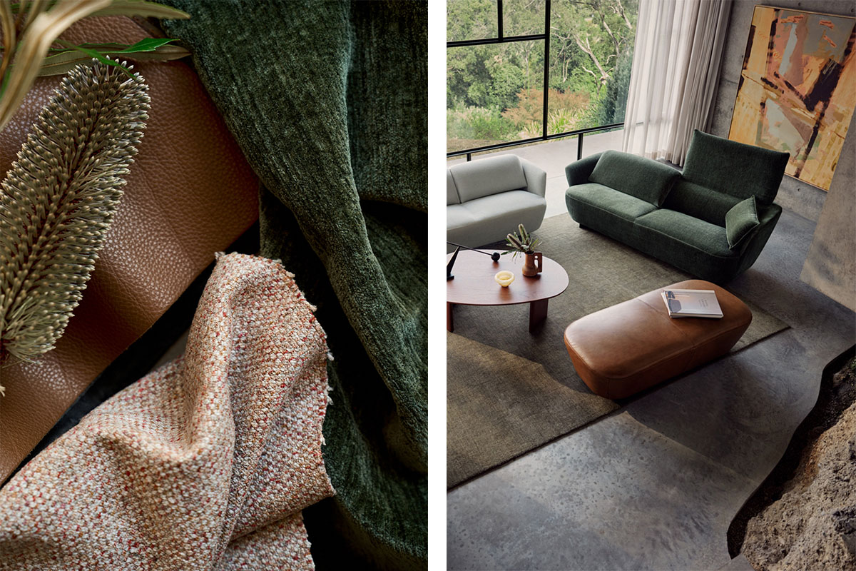 Living spaces with raw concrete and greenery, deep earthy seating, and natural textures layered through rugs and surfaces.