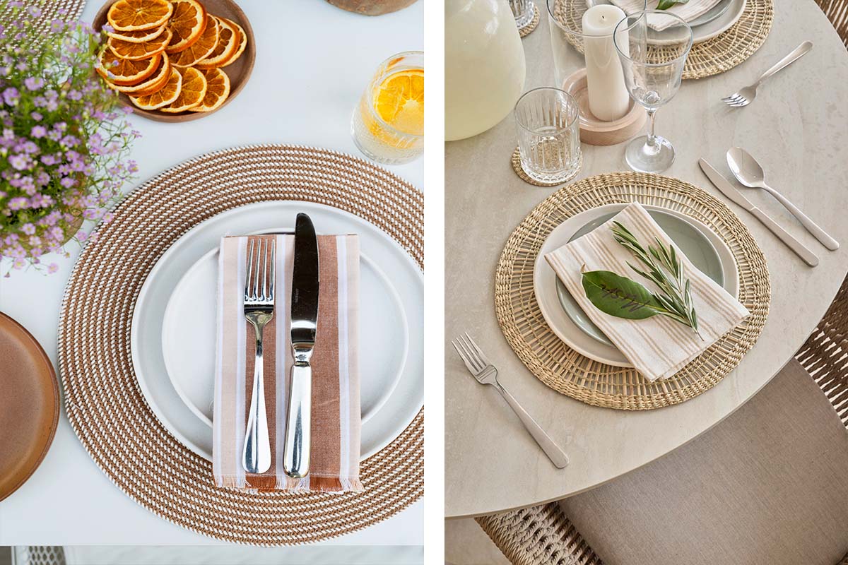 Two festive place settings featuring white dinnerware, linen napkins with herb sprigs, and natural styling with dried citrus and fresh florals.
