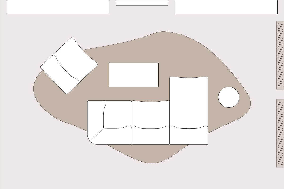Top view of a refined living room layout with vertical sofa placement, curved rug and diagonal accent chair designed for spatial balance and design intent.