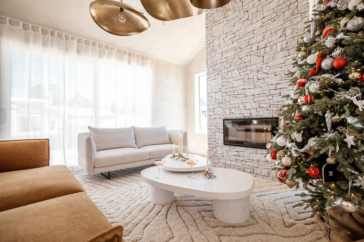 A clean and contemporary Nordic-inspired living space styled for the festive season.